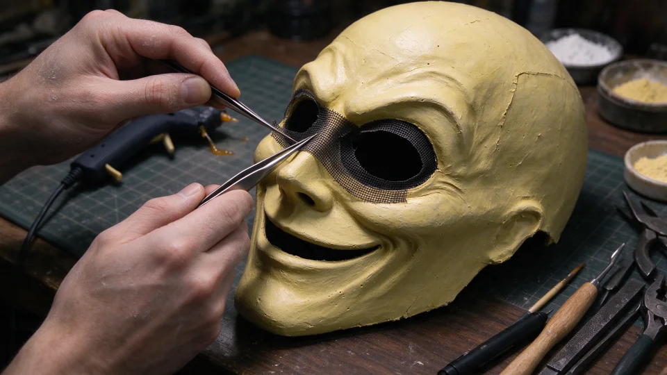 Handcrafted Verity smiling mask with dual-layer black buckram eye mesh on craft workbench