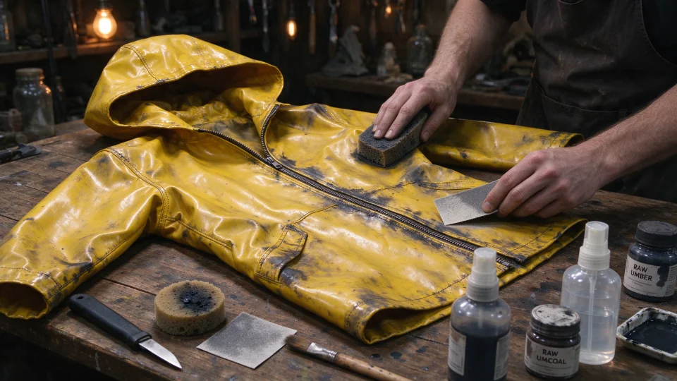 Weathering and distressing a yellow hooded raincoat with acrylic washes and sanding for analog horror cosplay