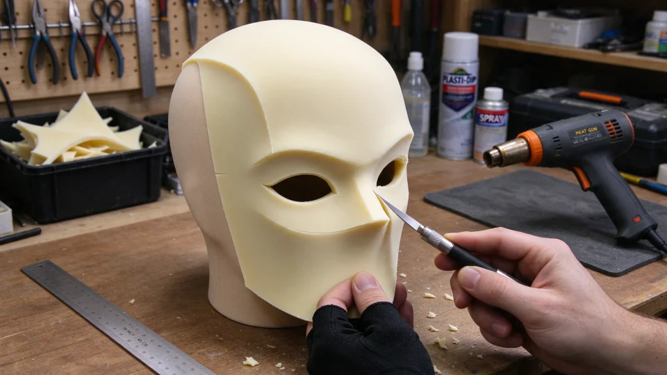 Heat-shaping 5mm EVA foam over a dome head and carving crescent smiling eyes for a DIY Verity mask