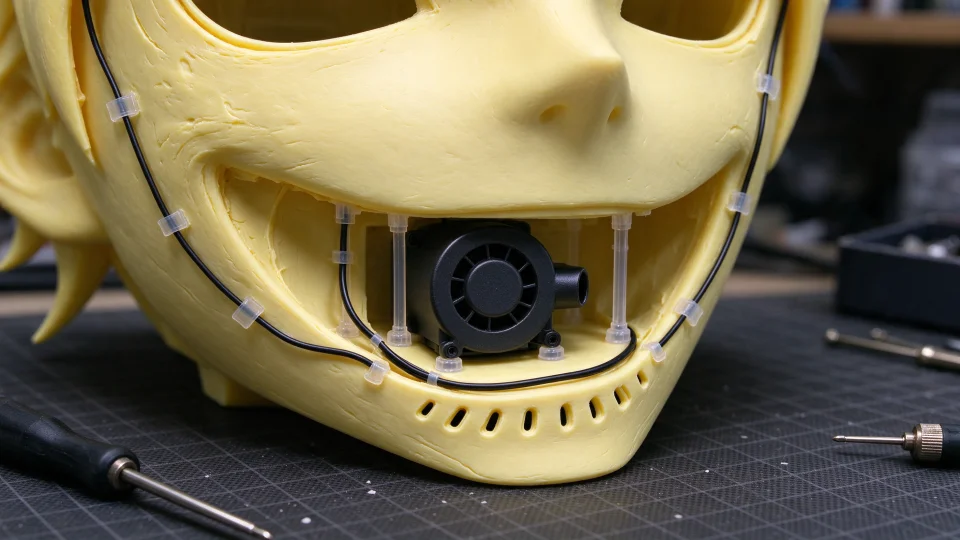 Interior view of Verity mask showing 5V micro blower fan and concealed ventilation slots
