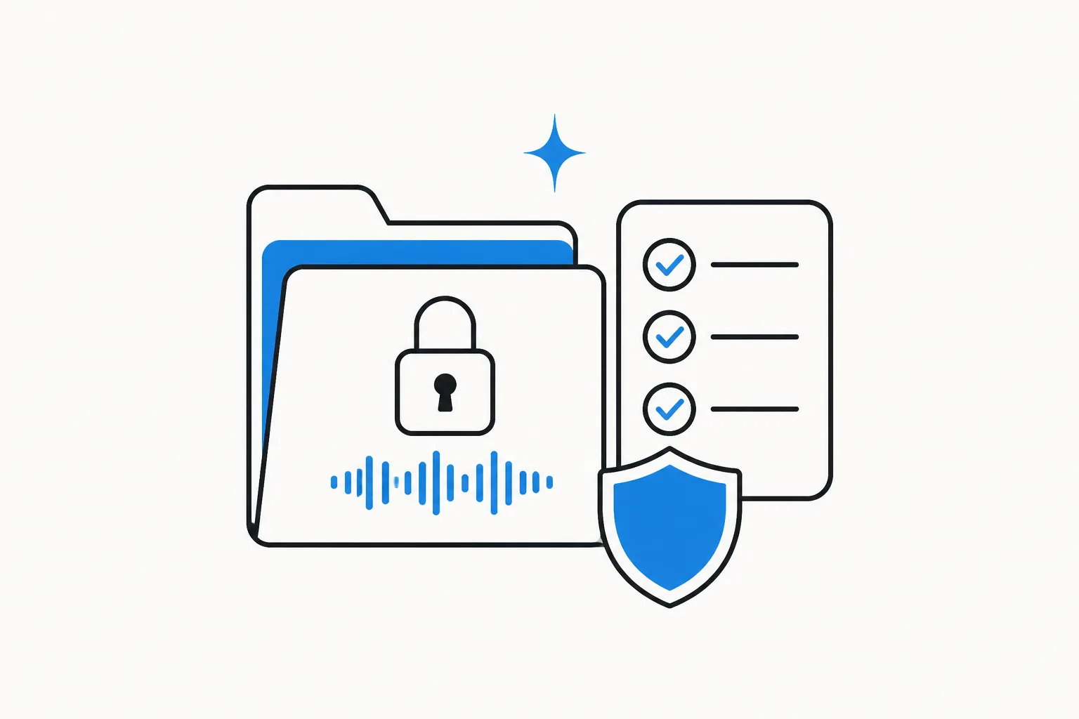An illustration of a secure audio folder, checklist, and shield
